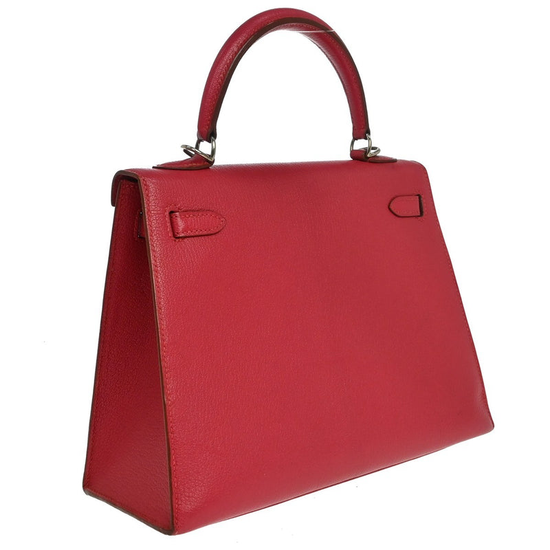 Hermes Kelly Red Chevre De Coromandel With Palladium Hardware Pink Calfskin Bag