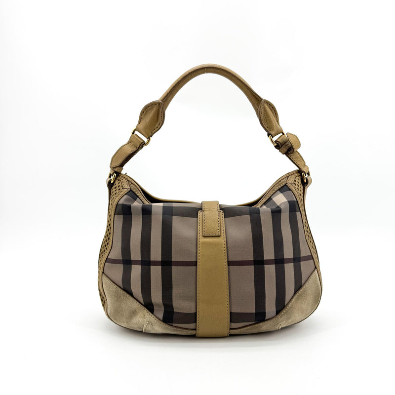 Burberry Ashwood Convertible Hobo House Check Canvas Beige Suede