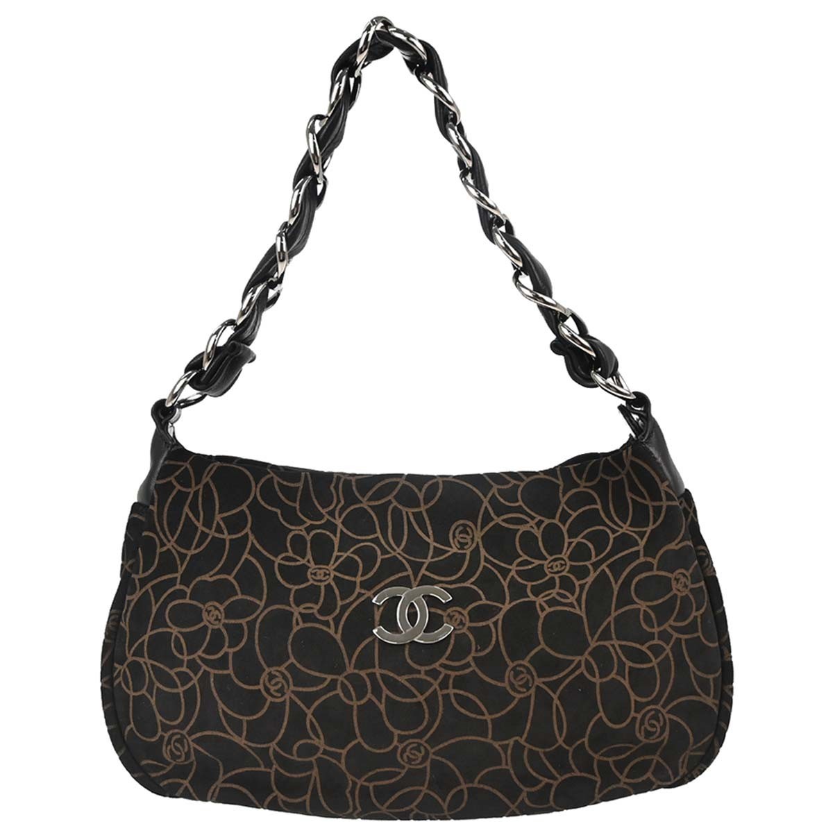 Chanel Camellia Chain Embossed Suede Black Bag