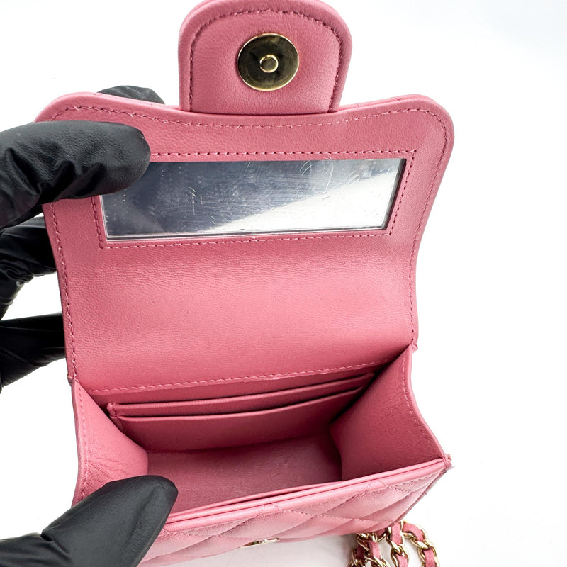 Chanel Square Classic Flap Top Handle Clutch With Chain Quilted Lambskin Pink Leather