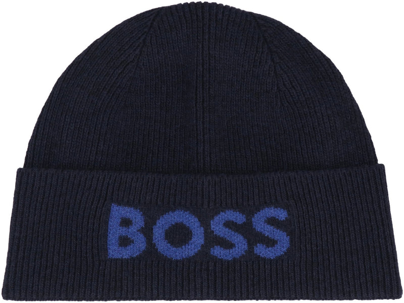 Hugo Boss 50548777 Logo-Embroidered Ribbed Knit Beanie — Navy Other Fibers Beanies