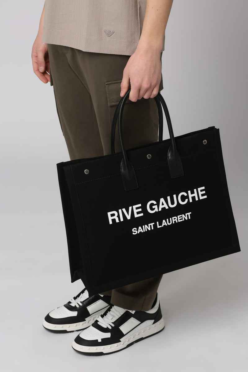 Saint Laurent Rive Gauche Tote Bag — Black Leather; Cotton; Linen