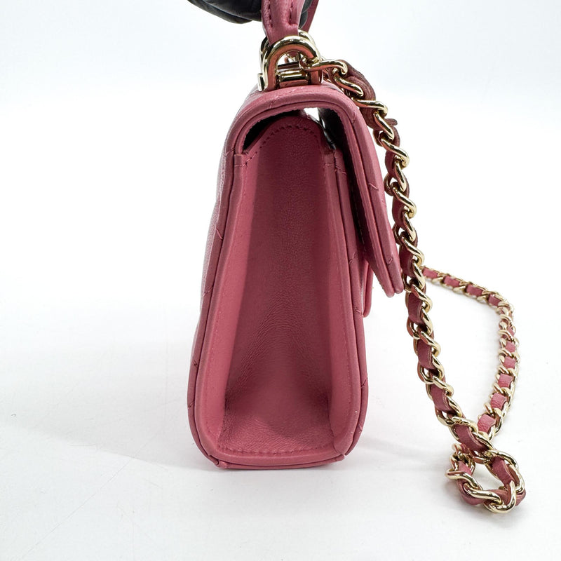 Chanel Square Classic Flap Top Handle Clutch With Chain Quilted Lambskin Pink Leather