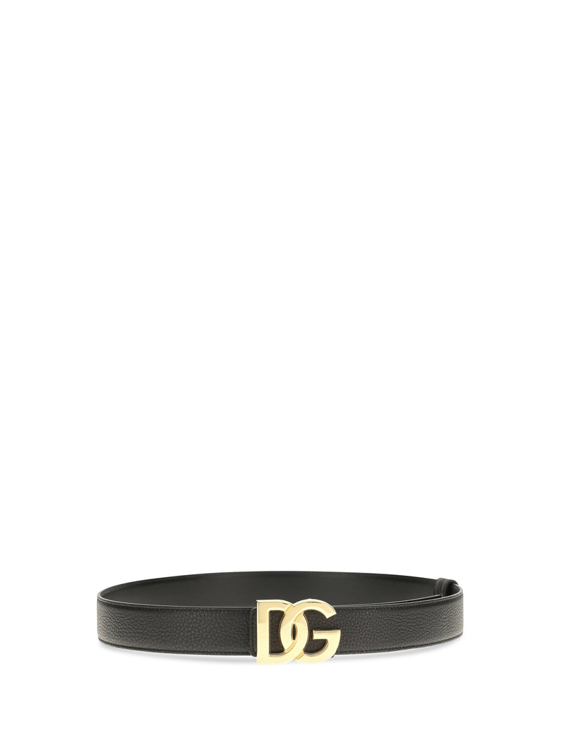 Dolce & Gabbana Interlocking Dg Buckle Calfskin Belt — Black Calf Leather Bos Taurus