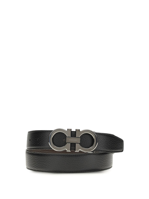 Ferragamo Double Gancini Buckle Leather Belt — Black Calf Bos Taurus
