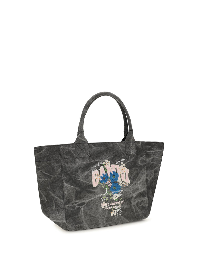 Ganni Flower-Print Tote Bag — Gray Cotton
