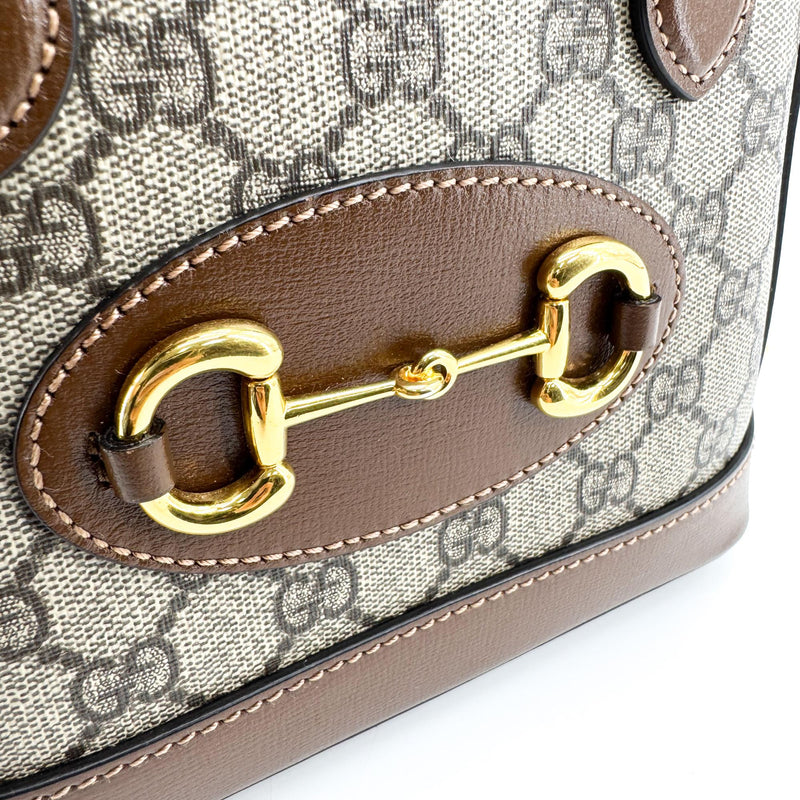 Gucci Horsebit 1955 Top Handle Gg Coated Canvas With Leather Brown Bag
