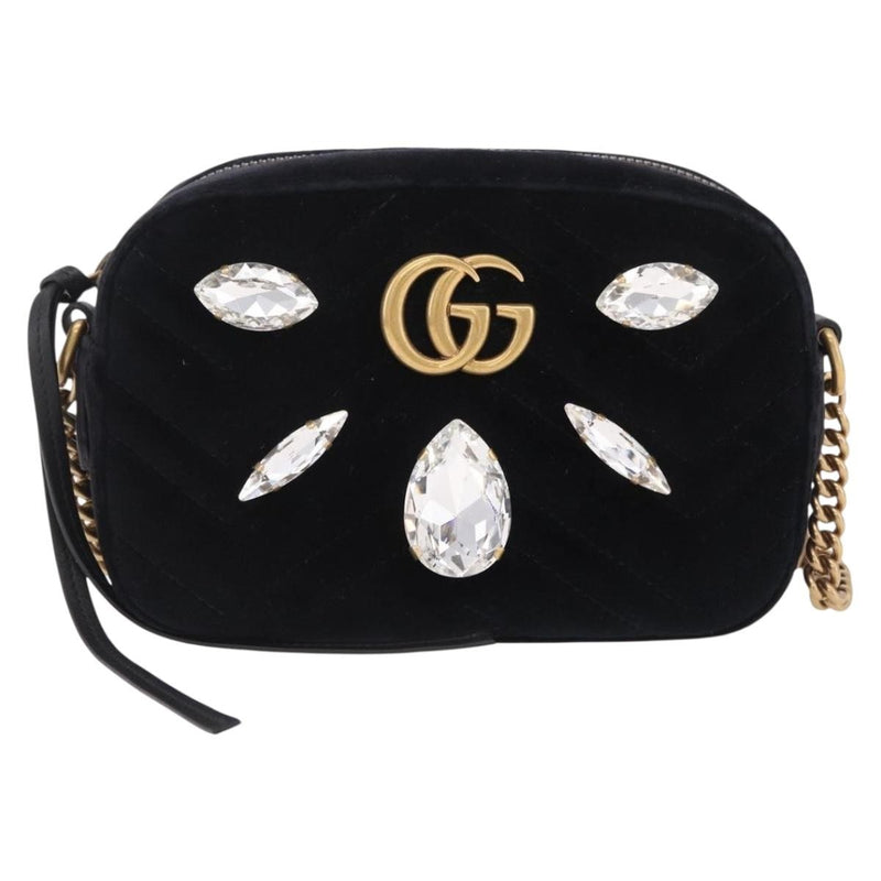 Gucci Gg Marmont Crystal Embellished Matelasse Velvet Black Bag