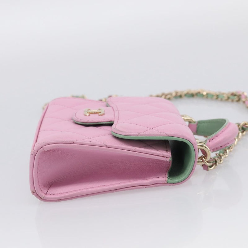 Chanel Square Classic Flap Top Handle Clutch With Chain Quilted Lambskin Pink Leather