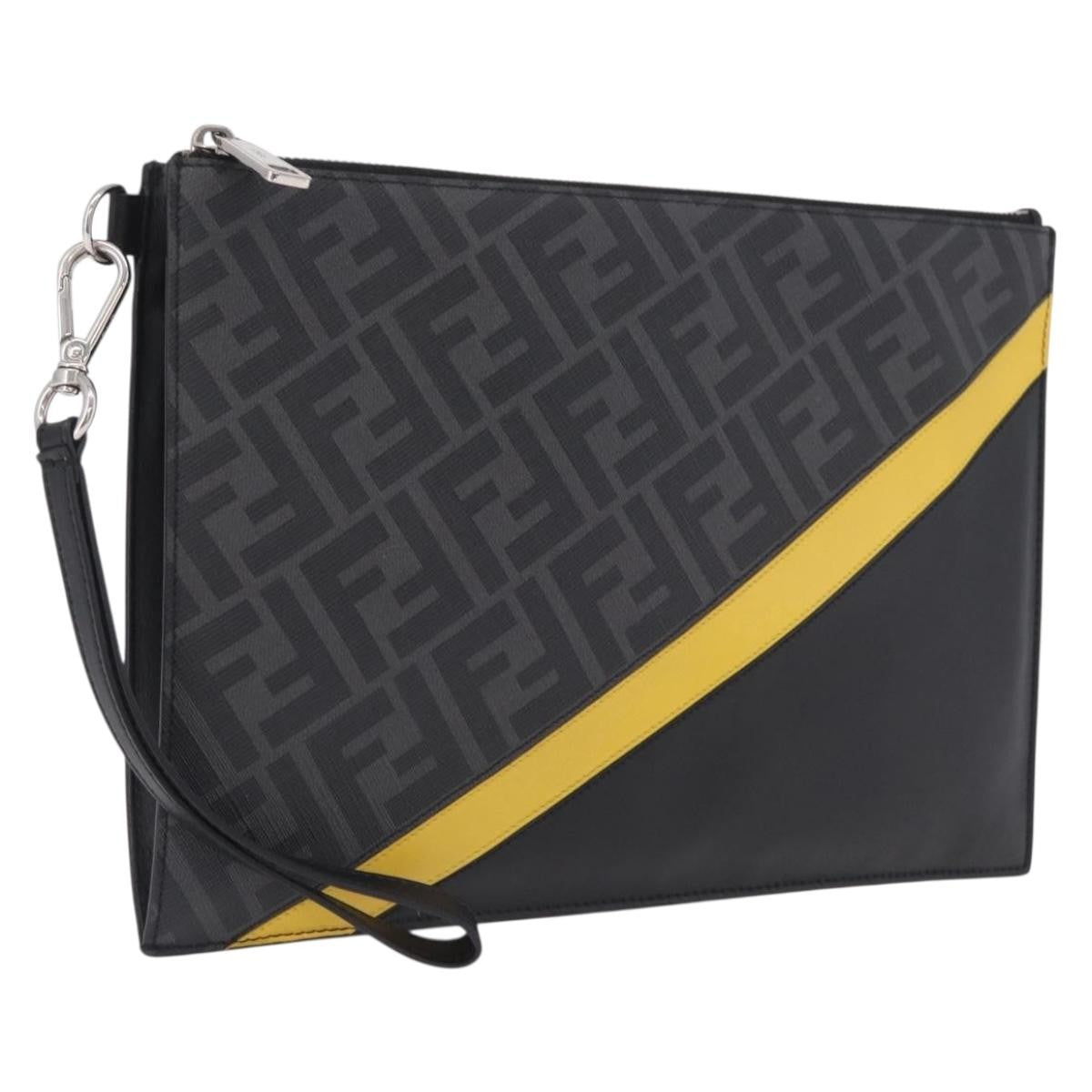 Fendi Zip Flat Wristlet Zucca Coated Canvas And Leather Black Bag