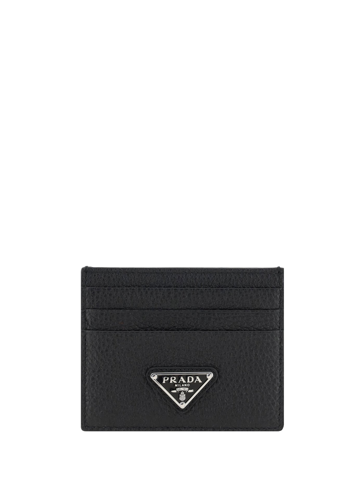 Prada Leather Card Case With Triangular Logo Plaque — Black Calf Bos Taurus Wallet