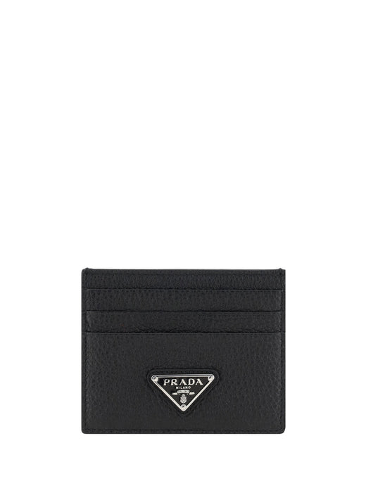 Prada Leather Card Case With Triangular Logo Plaque — Black Calf Bos Taurus Wallet