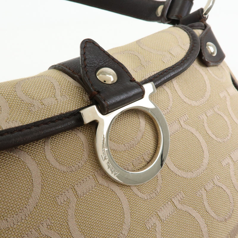 Salvatore Ferragamo Gancini Handle Leather Beige Canvas Bag