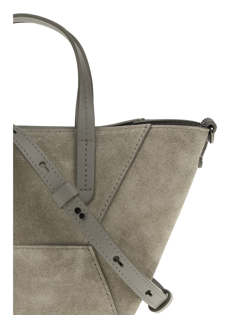 Brunello Cucinelli Paneled Suede Shoulder Bag — Beige Calf Leather Bos Taurus