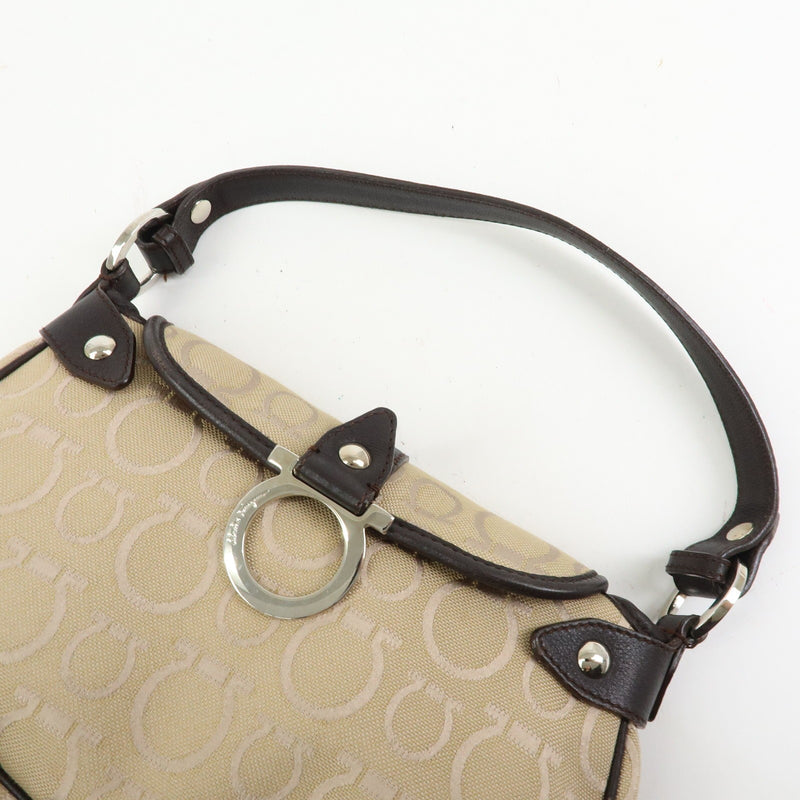 Salvatore Ferragamo Gancini Handle Leather Beige Canvas Bag