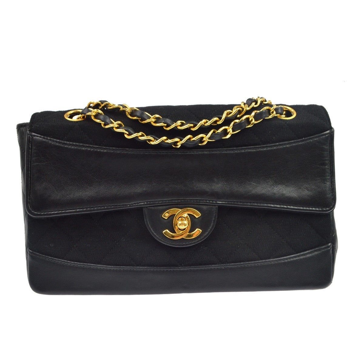 Chanel Vintage Cc Chain Flap Quilted Jersey And Lambskin Black Leather Bag