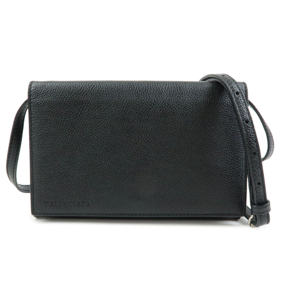 Balenciaga Logo Wallet With Strap Embossed Leather Black Bag