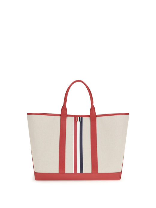 Thom Browne Canvas With Striped Trim Tote Bag — Red