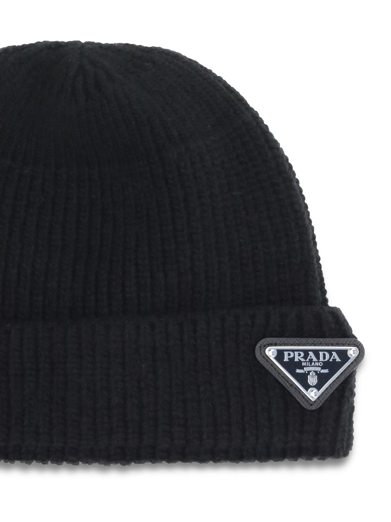 Prada 2hc4263im Logo-Plaque Ribbed Wool Beanie — Black Beanies