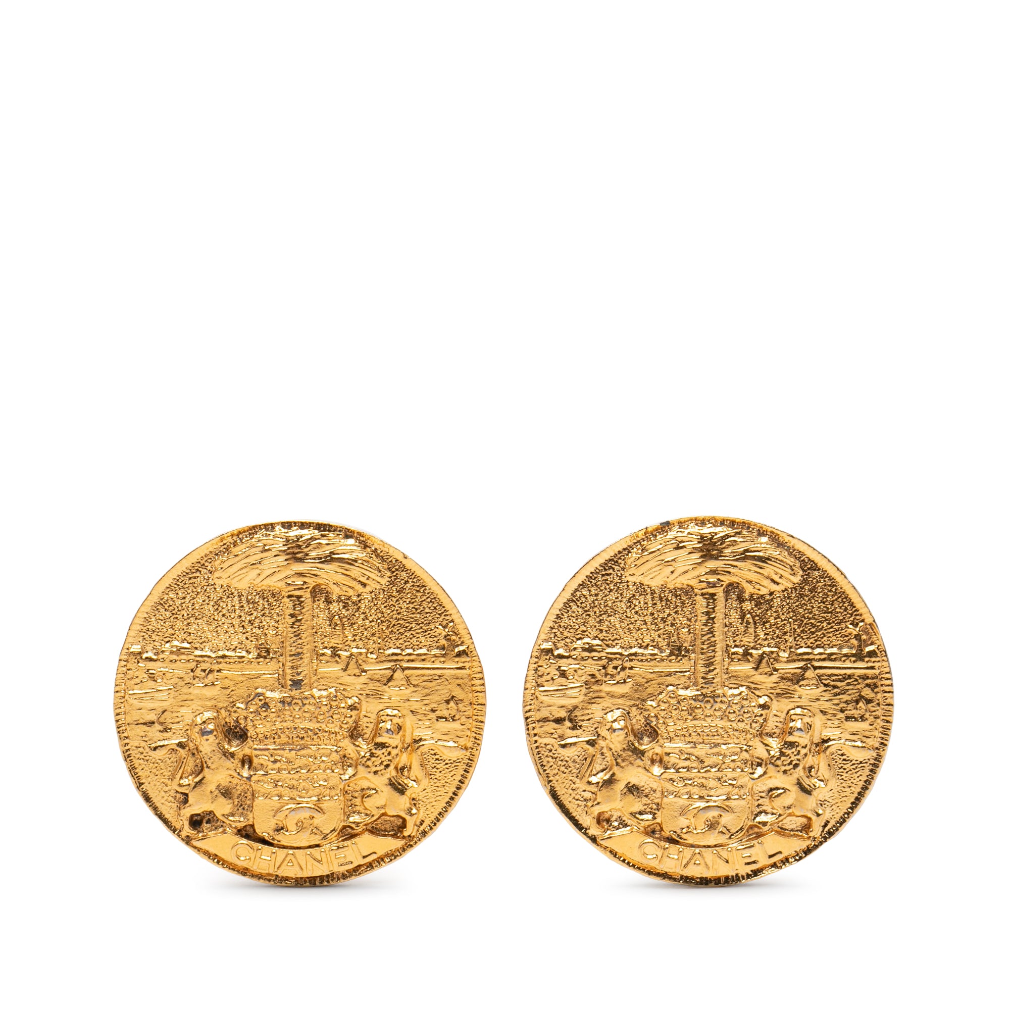 Gold Plated Crest Round Clip On Earrings - Image 1