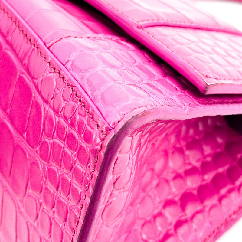 Balenciaga Hourglass Top Handle Crocodile Embossed Leather Pink Bag