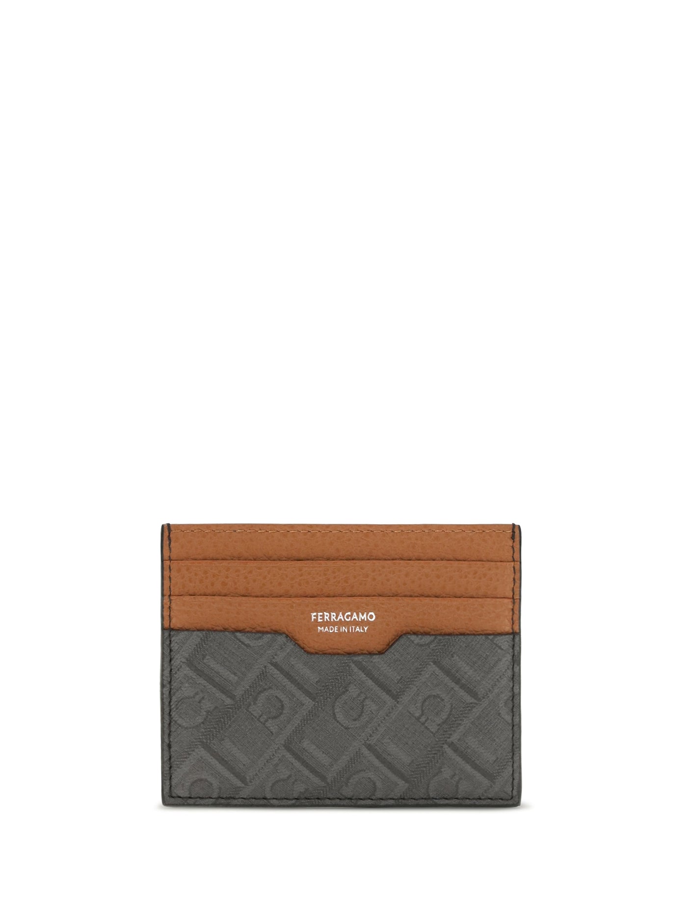 Ferragamo Monogram Leather Card Case — Gray Calf Bos Taurus Wallet
