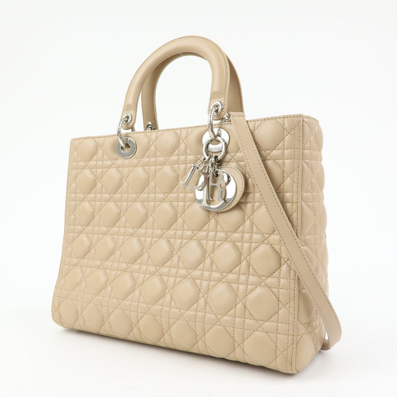 Christian Dior Lady Cannage Quilt Lambskin Beige Leather Bag