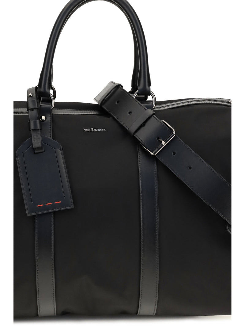 Kiton Leather-Trim Nylon Travel Duffle Bag — Black