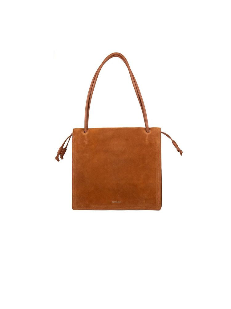 Coccinelle Embossed Logo Cowhide Shoulder Bag — Cognac