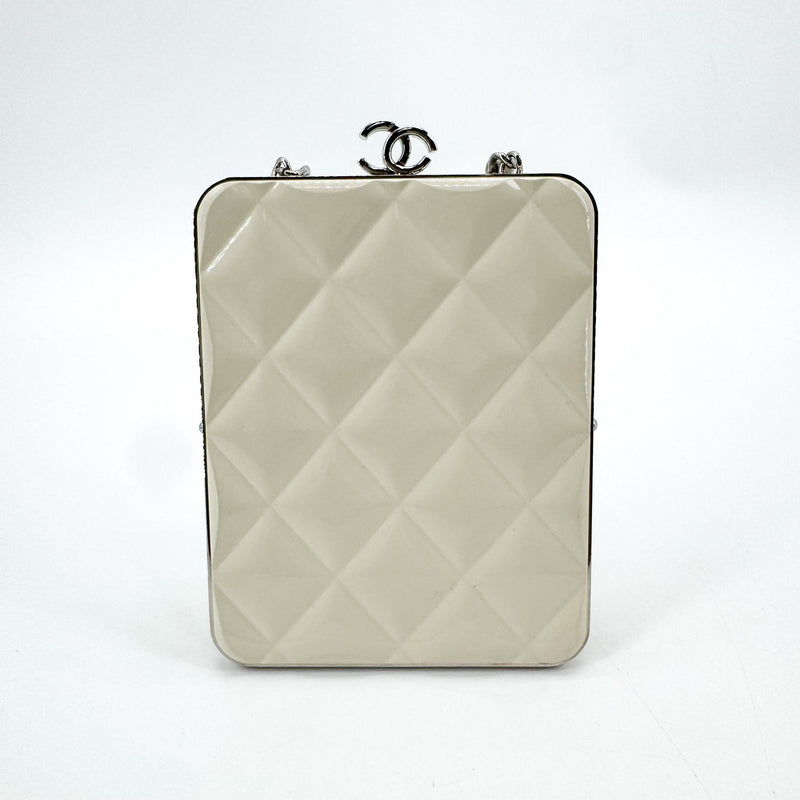 Chanel Cc Frame Clutch With Chain Quilted Lambskin And Plexiglass Beige Leather