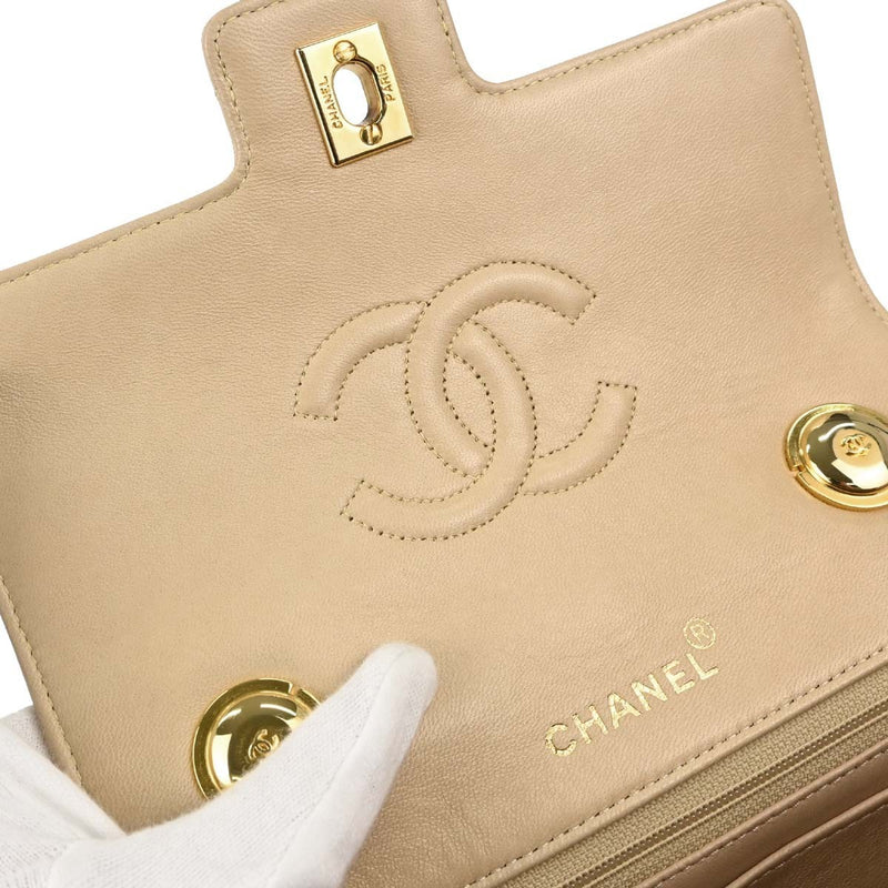 Chanel Cc Top Handle Flap Quilted Lambskin Beige Leather Bag