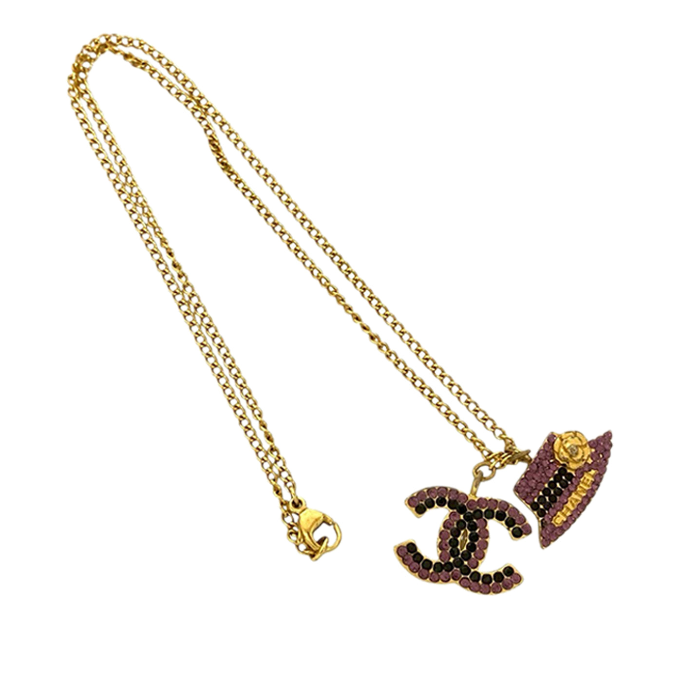 Gold Plated Rhinestone CC and Camellia Hat Pendant Necklace - Image 1