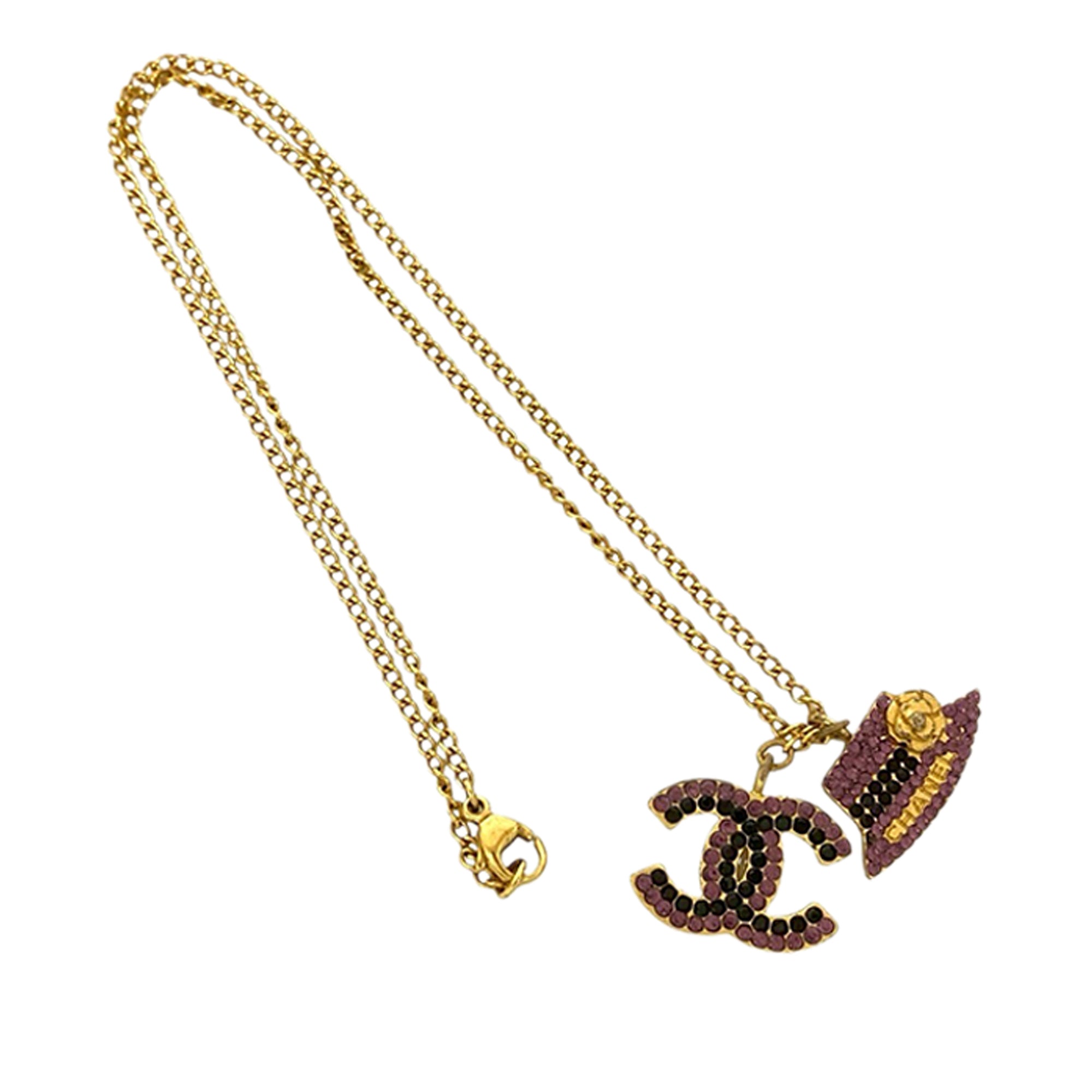 Gold Plated Rhinestone CC and Camellia Hat Pendant Necklace - Image 1