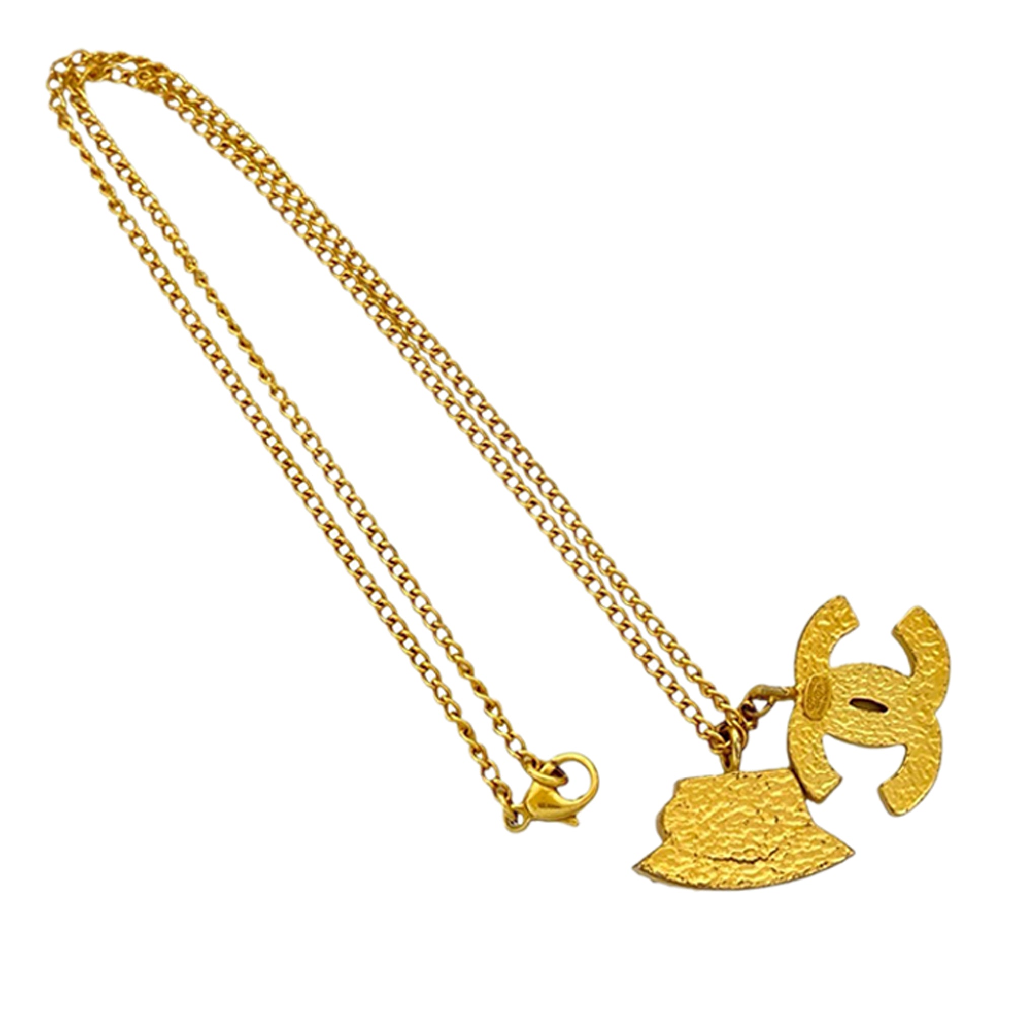 Gold Plated Rhinestone CC and Camellia Hat Pendant Necklace - Image 2