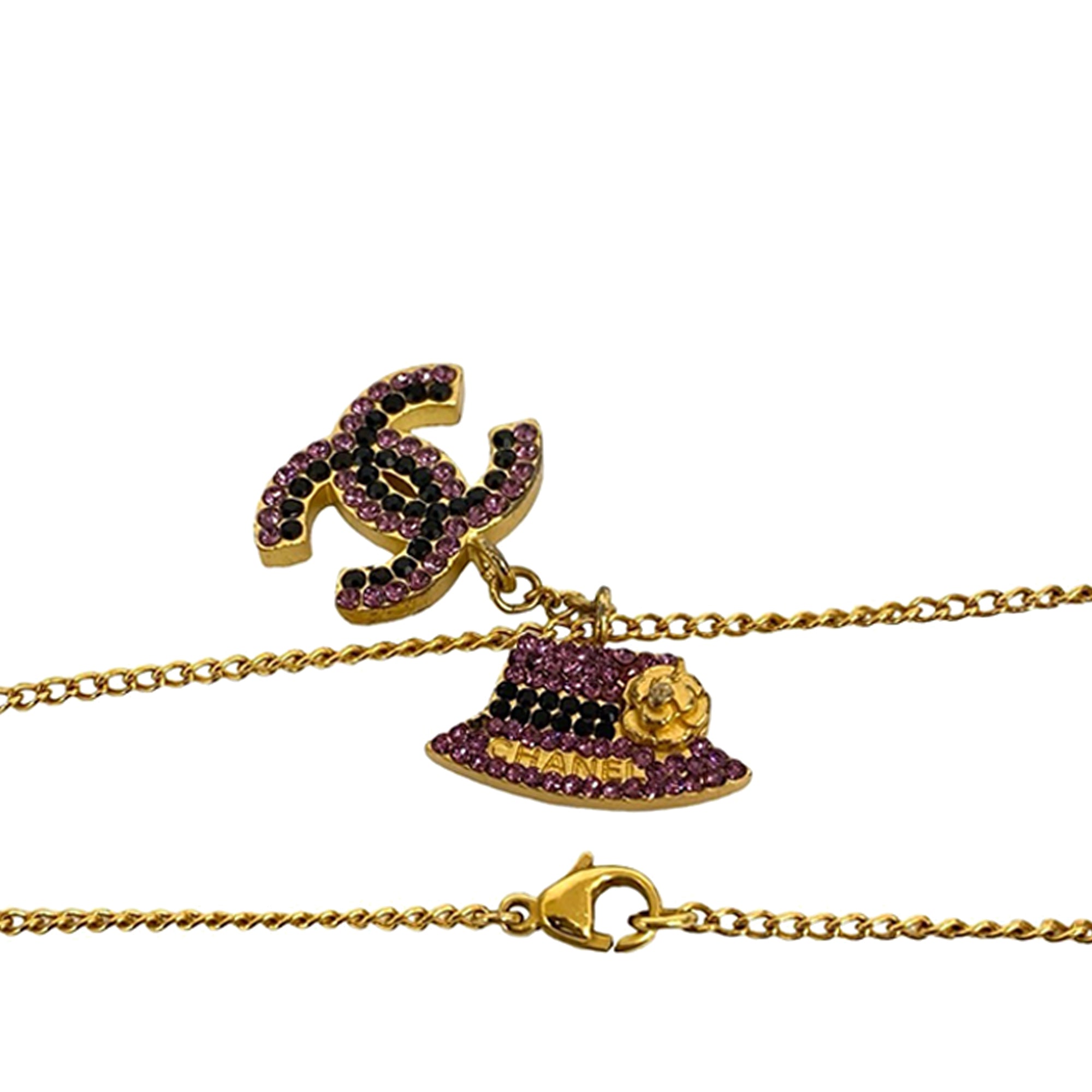Gold Plated Rhinestone CC and Camellia Hat Pendant Necklace - Image 4