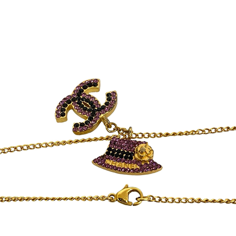 Gold Plated Rhinestone CC and Camellia Hat Pendant Necklace - Image 4