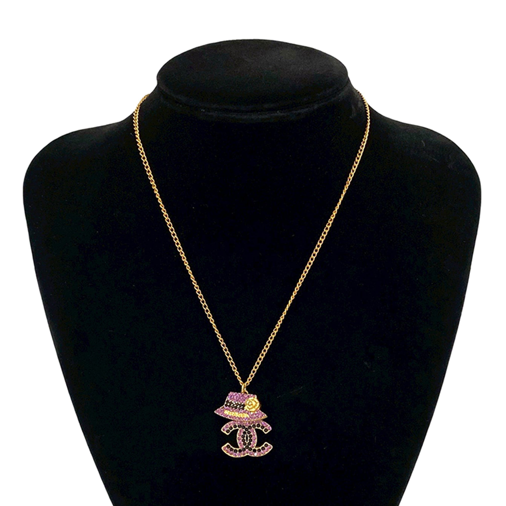 Gold Plated Rhinestone CC and Camellia Hat Pendant Necklace - Image 5