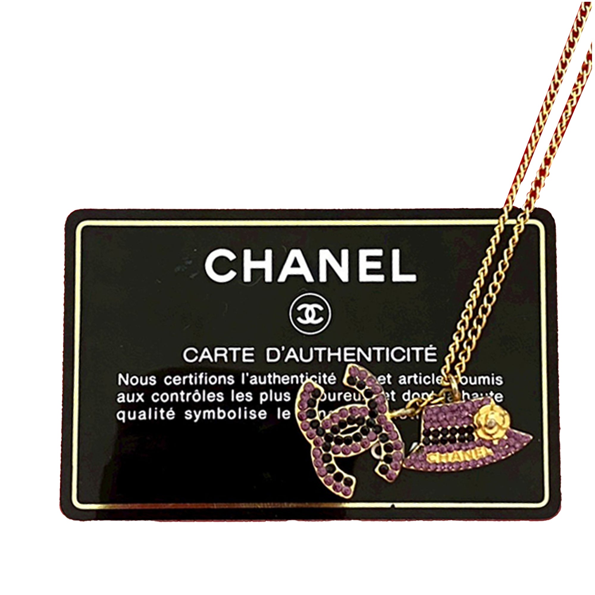 Gold Plated Rhinestone CC and Camellia Hat Pendant Necklace - Image 6