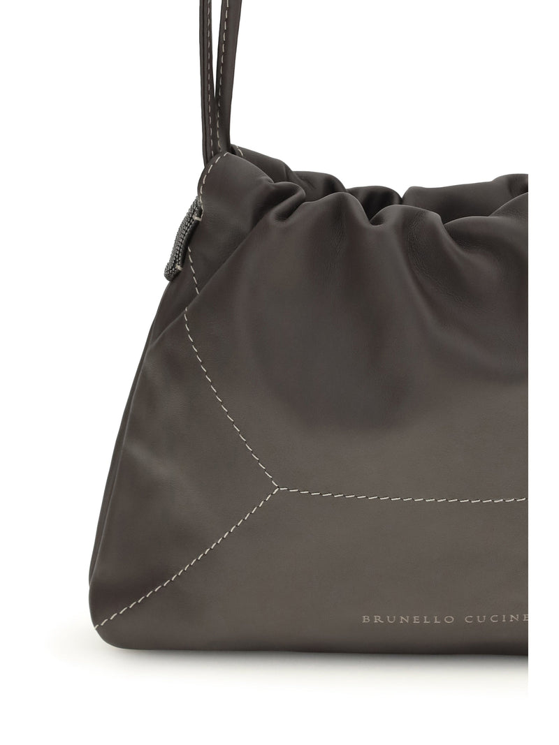 Brunello Cucinelli Calf Leather Gathered Shoulder Bag — Brown Bos Taurus