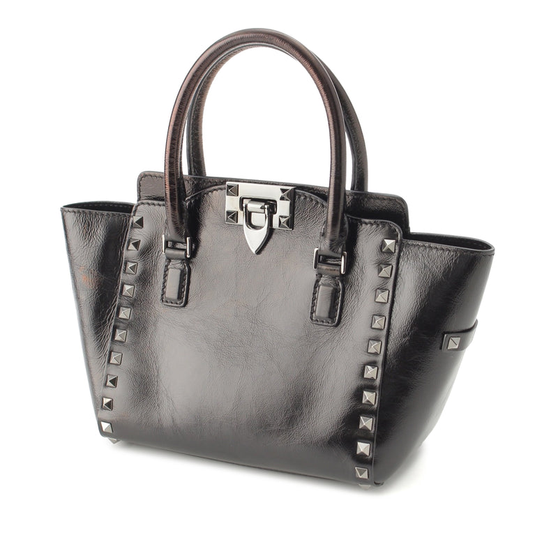 Small Crinkled Calfskin Rockstud Double Handle Tote - Image 7