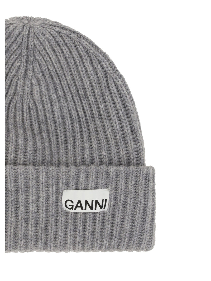 Ganni A4429 Ribbed Wool Beanie — Gray Ovis Aries; Nylon Beanies