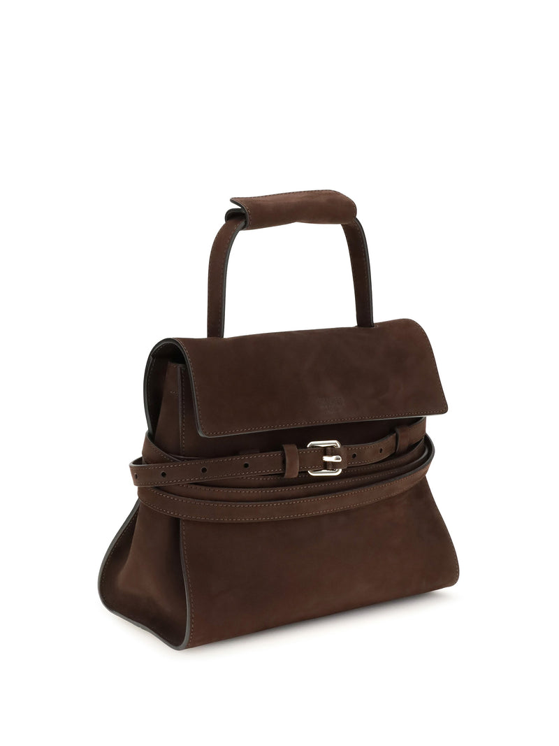 Moschino Suede Nabuk Leather With Decorative Belt Shoulder Bag — Brown