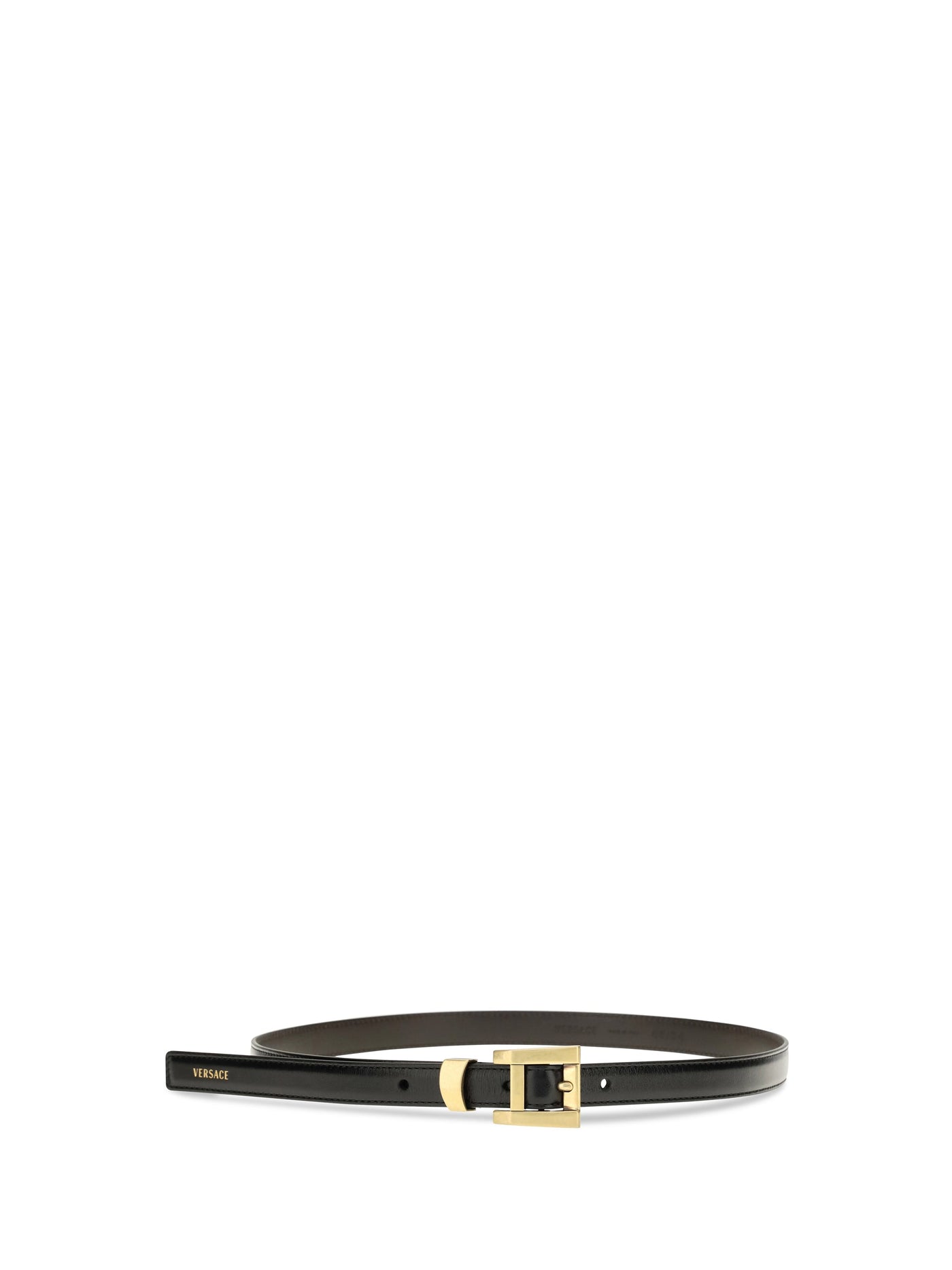 Versace Glossy Leather Logo Print Belt — Black Calf