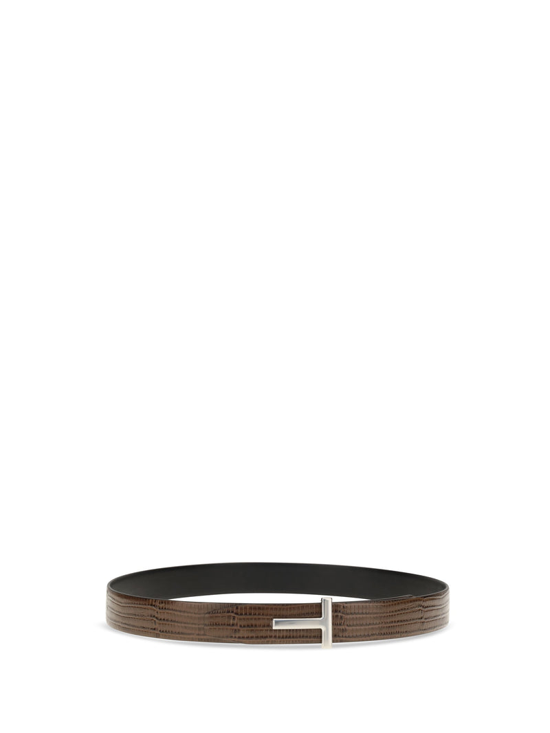 Tom Ford Reversible T Icon Calf Leather Belt — Brown