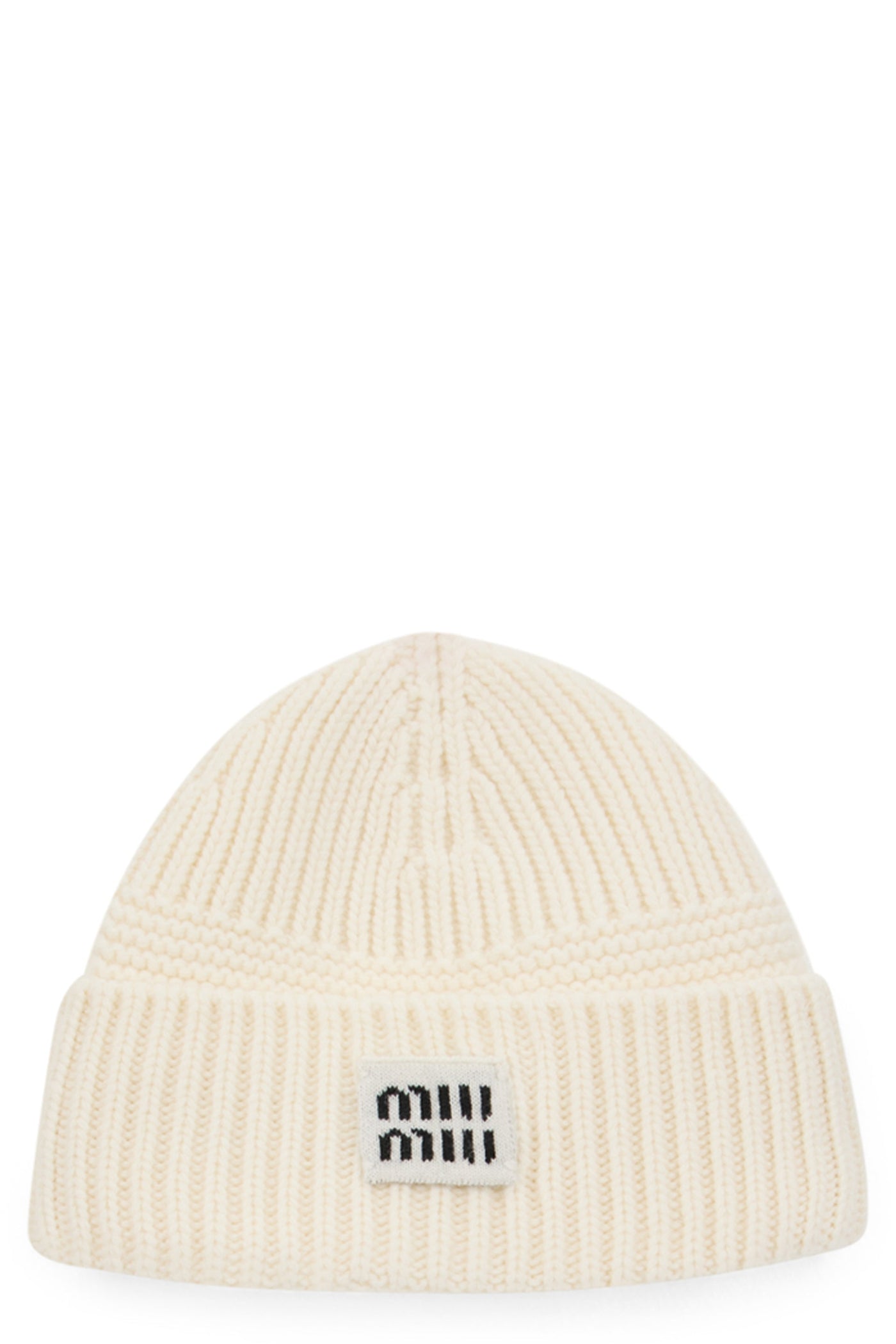 Miu Miu 5hc539 Logo-Embroidered Ribbed Knit Beanie — White Virgin Wool Beanies
