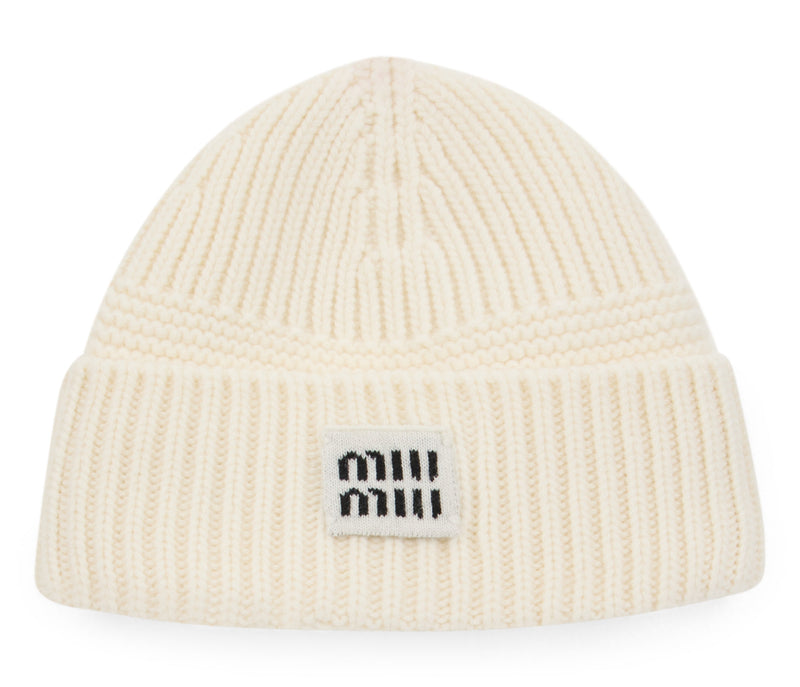 Miu Miu 5hc539 Logo-Embroidered Ribbed Knit Beanie — White Virgin Wool Beanies