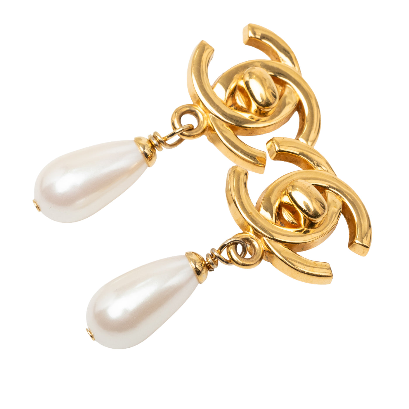 CC Gold Plated Faux Pearl Drop Turn Lock Clip On Earrings - Image 1
