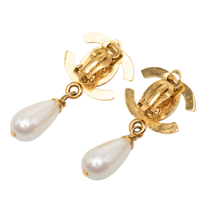 CC Gold Plated Faux Pearl Drop Turn Lock Clip On Earrings - Image 2