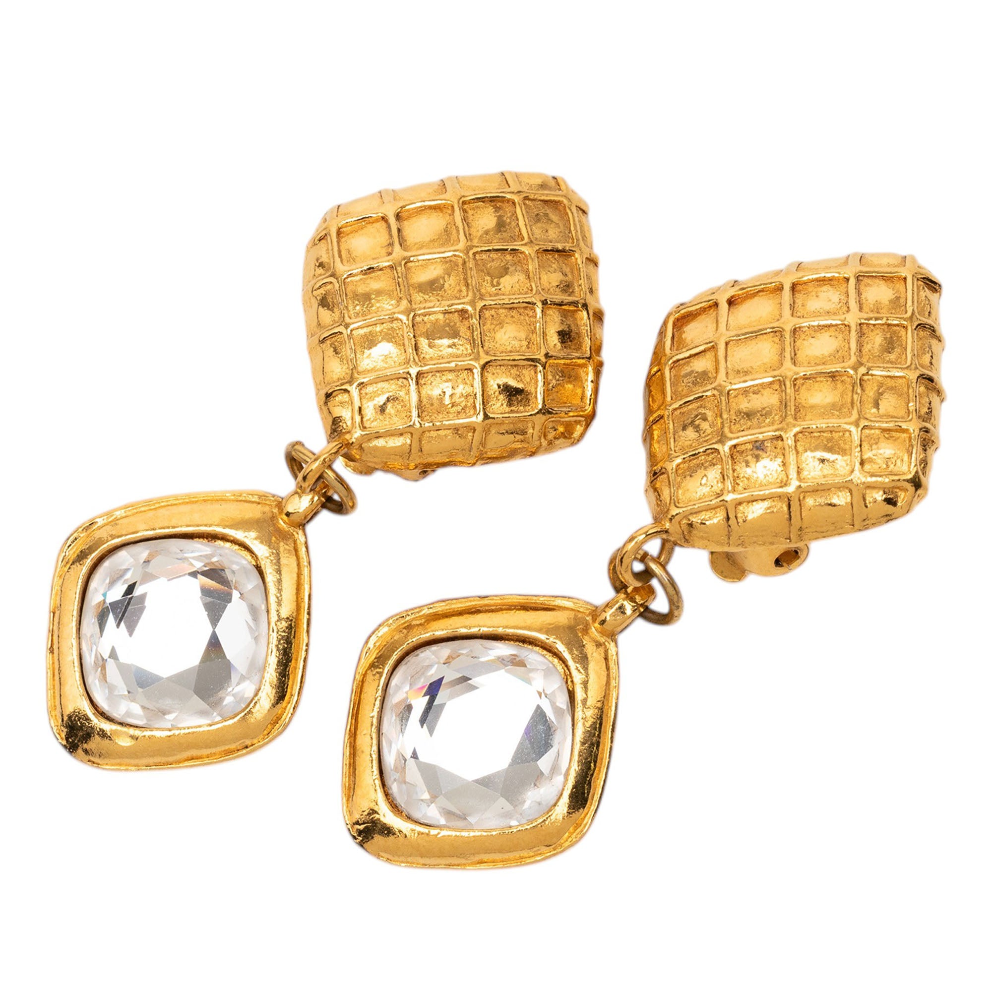 Gold Plated Quilted Diamond Shape Strass Drop Clip On Earrings - Image 1