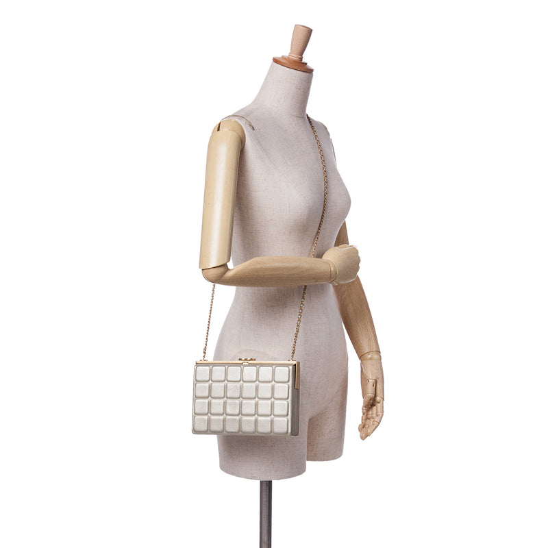 Chocolate Bar Metallic Lambskin Frame Clutch with Chain - Image 9